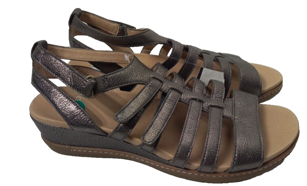 Dansko Athena Sandals Womens Sz 39 (8.5-9) Pewter Nappa Strappy Metallic Wedge